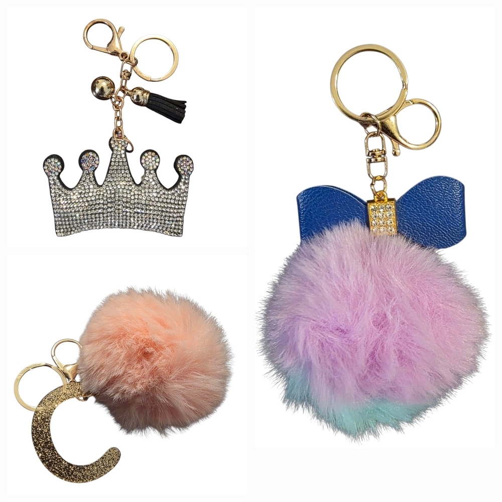 Adorable Bag Charms & Keychains: Pompom, Initial 'C', & Sparkly Crown!